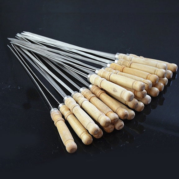 PTOOTP 25-Piece Stainless Steel BBQ Skewers Set with and Wooden Handles for Outdoor Grilling, Camping, and Barbecue