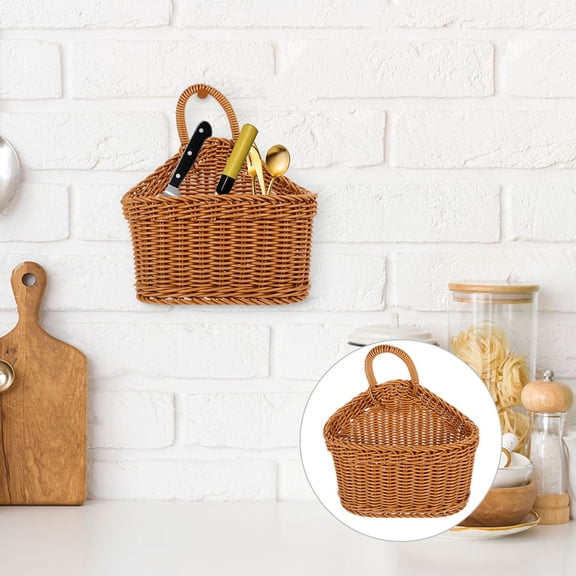 FELTECHELECTR 2Pcs Handwoven Beige Plastic Kitchen Wall Storage Baskets for Utensils and Tableware