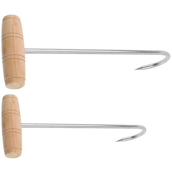 PTOOTP Kitchen Meat Processing Tool Set, 2 Pieces Stainless Steel T Hooks with Wood Handles for Easy Handling