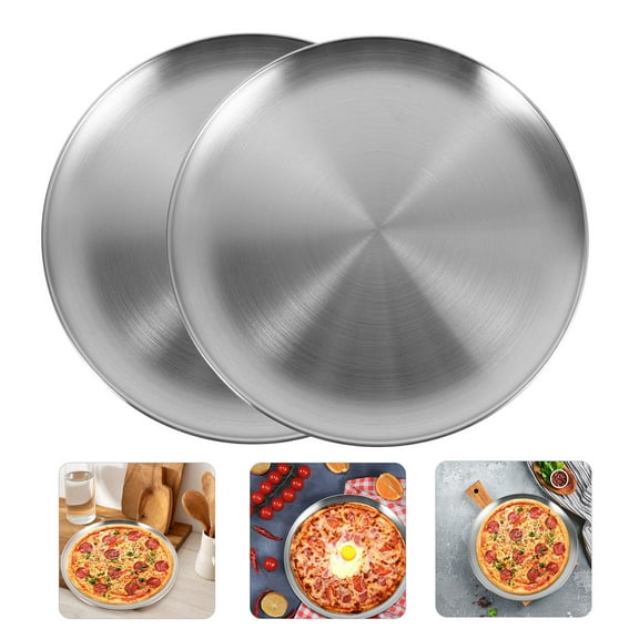 MLINS 2pcs Stainless Steel Pizza Tray  Round Nonstick Pizza Tray Food Serving Tray Round Food Plate for Oven Baking Home Restaurant Kitchen
