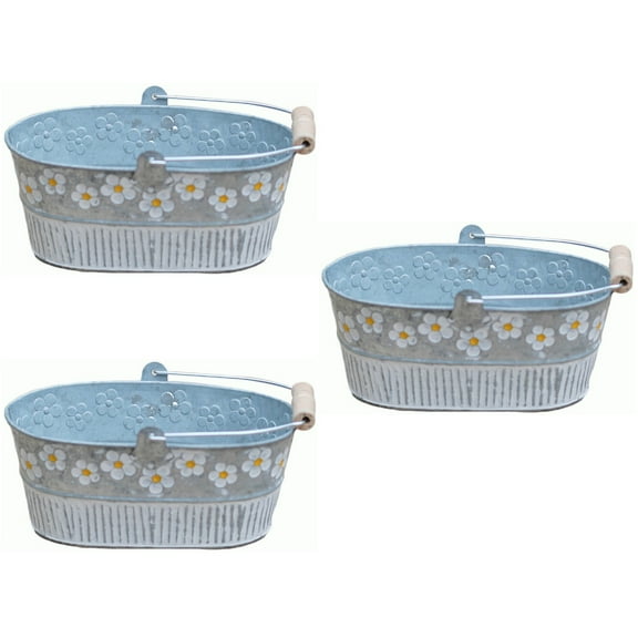 MLINS 3pcs Flower Pot Vintage Daisy Embossed Garden Metal Tin Bucket Planter Pots with Handle Retro Home Decoration Wedding Window (Oval)