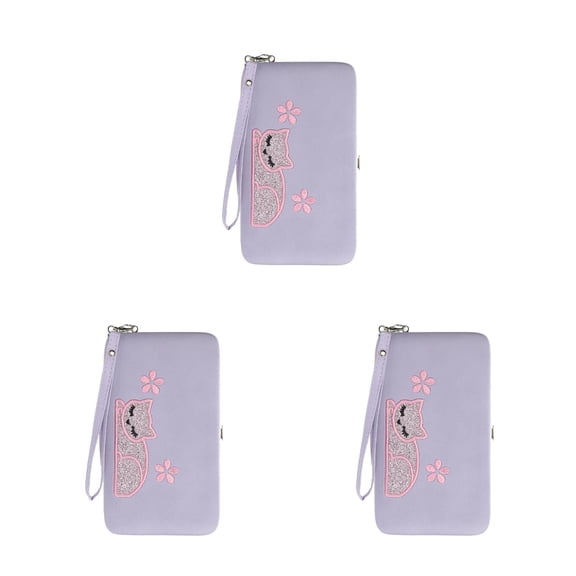 MLINS 3pcs Lavender Multi-purpose Cat Embroidery Pattern Fashion Wallet Triple-folded Wallet Multi-card Slots Bag Pocket Long Purse for Women Lady