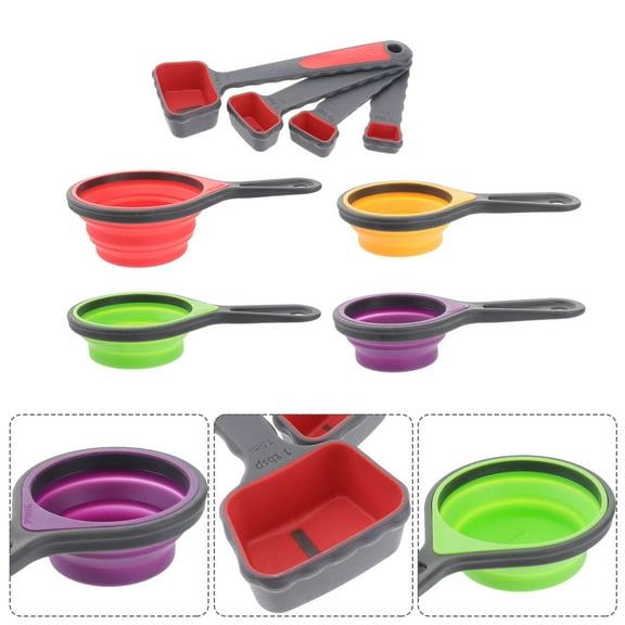 MLINS 4 in 1 Silicone Telescopic Measuring Cups and 4 in 1 Measuring Spoons with Scale Measure Cups Spoons Kit Kitchen Tool (Random Color)