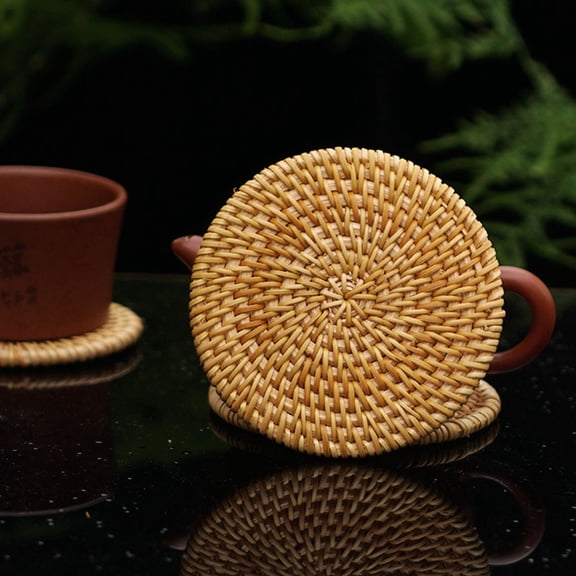 MLINS 4PCS Rattan Woven Table Mat Rattan Woven Cup Pad Tea Ceremony Pot Mat (4 Sizes)
