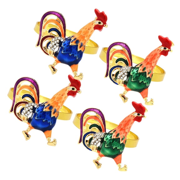 Rooster-Shaped Napkin Rings Set of 4 in Assorted Colors Made from Alloy for Elegant Table