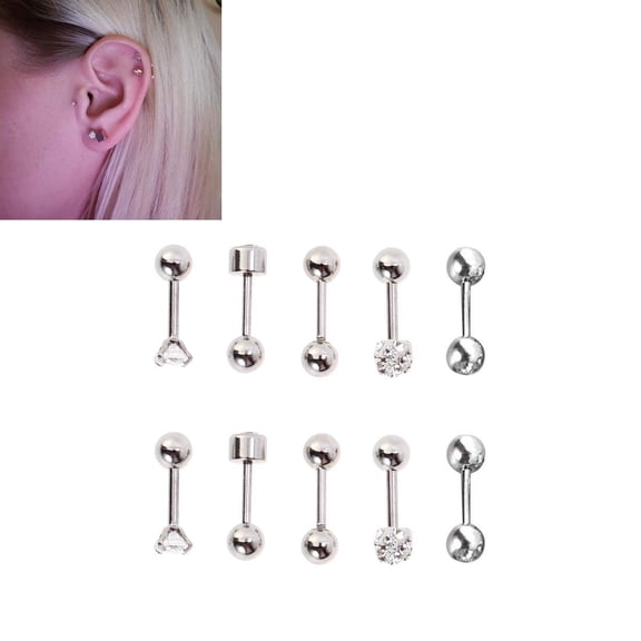 MLINS 5 Pairs 5 Styles Round Ball Stainless Steel Barbell Earring Set for Cartilage Helix Piercings Tragus Ear Rings Silver