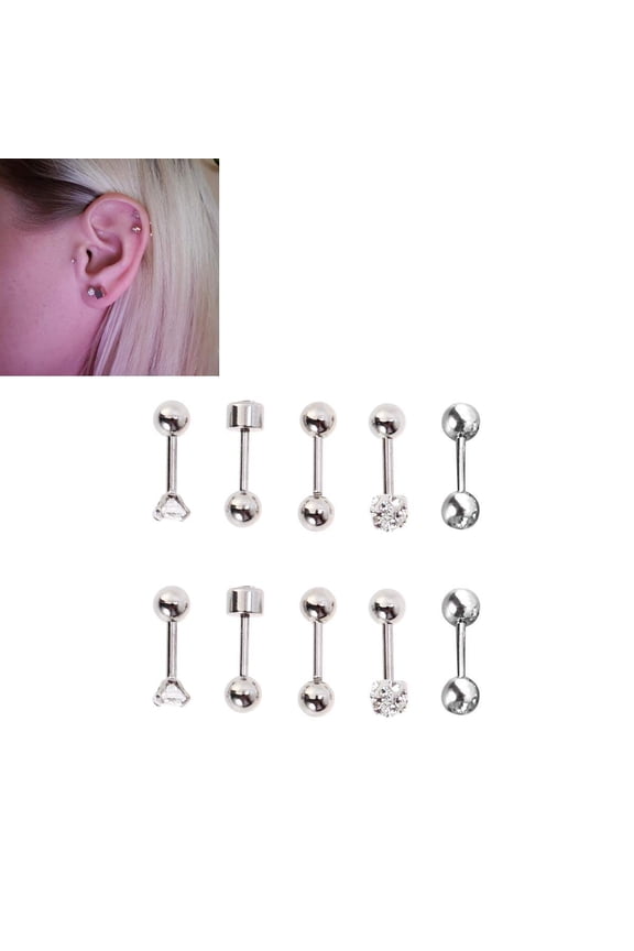 5 Pairs 5 Styles Round Ball Stainless Steel Barbell Earring Set for Cartilage Helix Piercings Tragus Ear Rings Silver