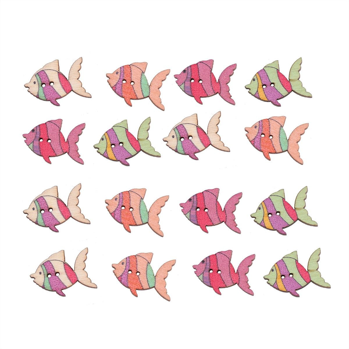 MLINS 50pcs Colorful Painting Fish Pattern Buttons 2 Holes Wood Cartoon ...