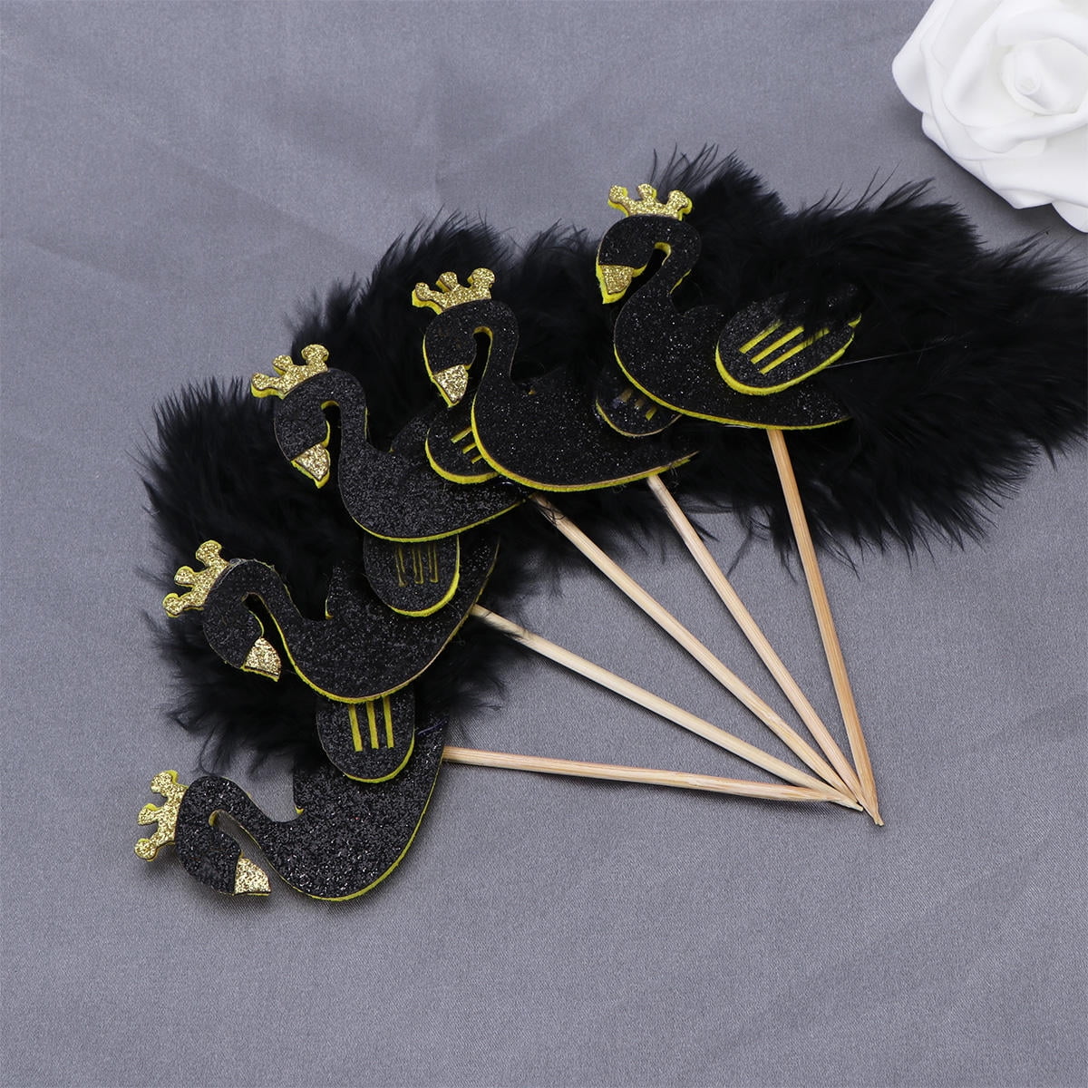 MLINS 5PCS Flamingo Swan Cake Topper Decorative Wing Cupcake Picks Dessert Cake Decoration for Wedding Birthday Party (Black)