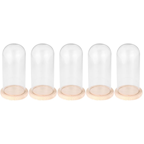 MLINS 5pcs Clear Galss Dome Cloche with Wooden Base Tay Handle Cloche Bell Jar Cake Display Case Tabletop Centerpiece for Pastry Desserts Cheese Flower