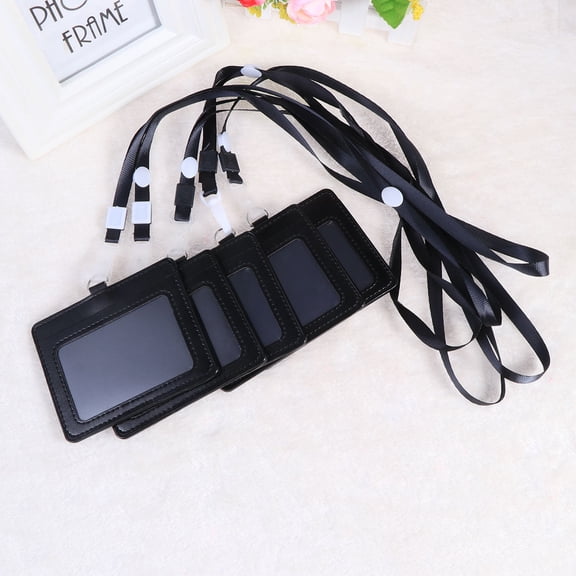 MLINS 5pcs Leather Student ID Cover Employee Cover With Sling for School Company (Black)