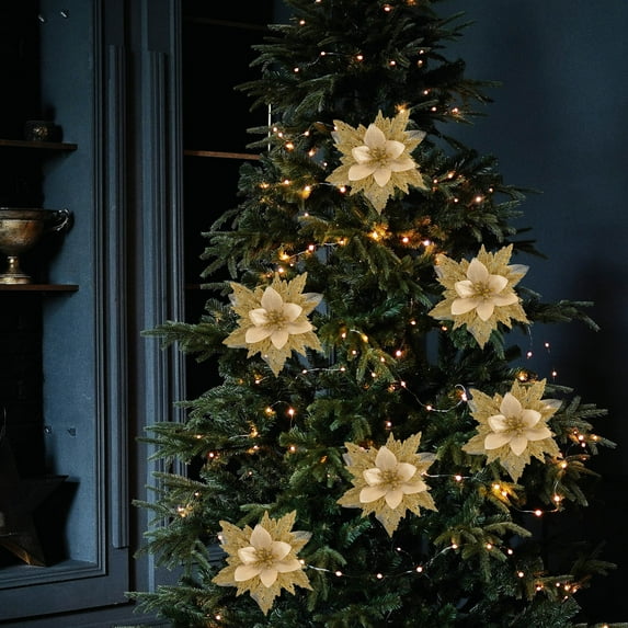DINHEAROM Holiday Floral Picks Glitter Flower Golden 6Pcs 5.9In Diameter For Christmas Events