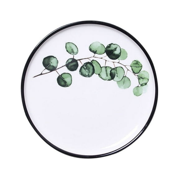 MLINS 8 Inch Nordic Style Green Plant Ceramic Plate Round Breakfast Steak Plate Fruit Plate for Home Kitchen Restaurant (Eucalyptus Leaves)