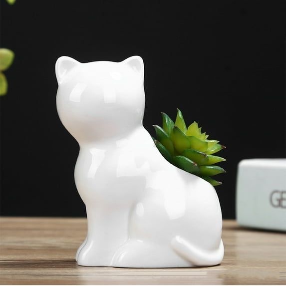 MLINS Adorable White Ceramic Cat-Shaped Planter for Succulents Desk Decorations Mini 3.5 Inch