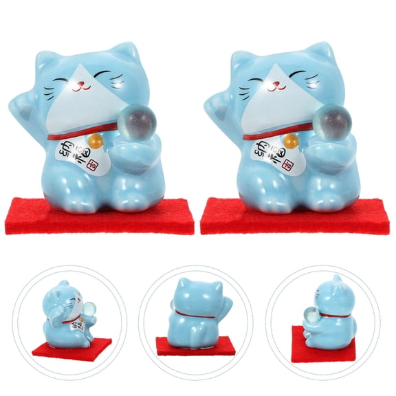 MLINS Blue Ceramic Cat Statue for Decor Lightweight Cartoon Kitten Figurine 2 Pieces