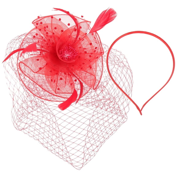 MLINS  Bride Fascinator Headband with Red Veil Cocktail Headwear Dinner Party