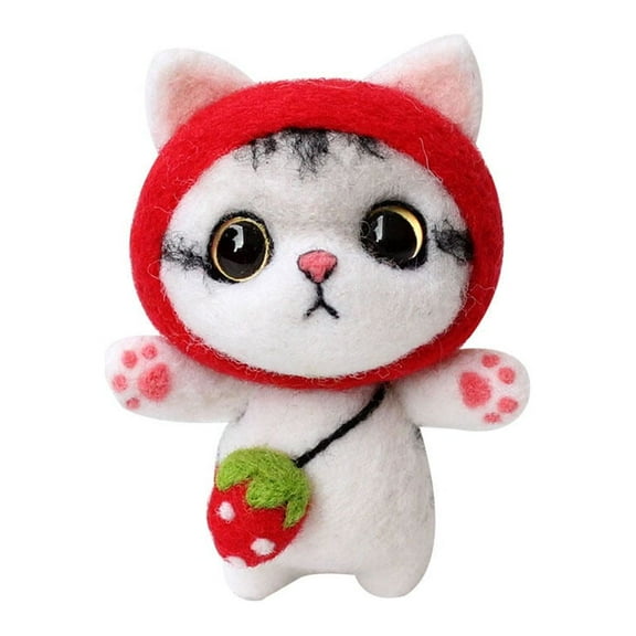 MLINS Cartoon Cat Plush Doll Needle Felting Kit Wool Craft Supplies DIY Art Set for Kids Adults Gift Strawberry