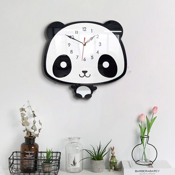 MLINS Children's Room Silent Cartoon Panda Wall Clock for Decor Acrylic Black 28x26cm