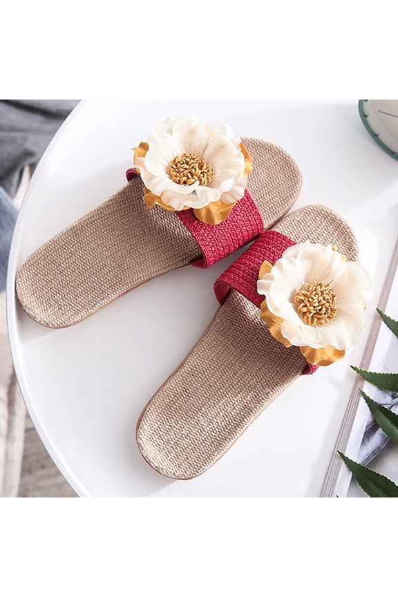 Flax Flower Slipper Thickened Beautiful Skid Resistance Durable Soft-Soled Summer Cool Home Slipper for Woman (Size 35 36 Red)