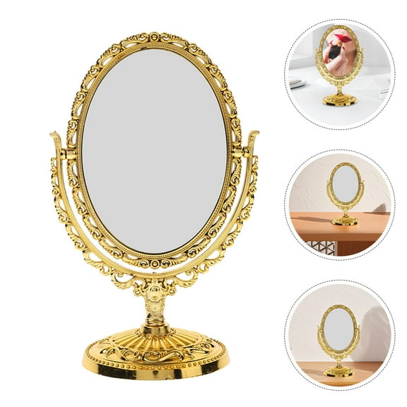 MLINS Golden Double Side Swivel Oval Vanity Mirror for Makeup with Glass and ABS Material 2 Pieces