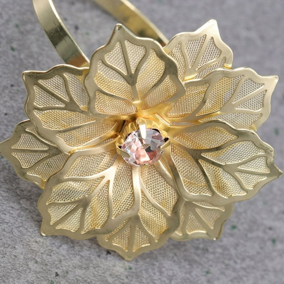 MLINS Golden Metal Napkin Rings with Flower Design for Set of 10 Elegant Wedding Birthday
