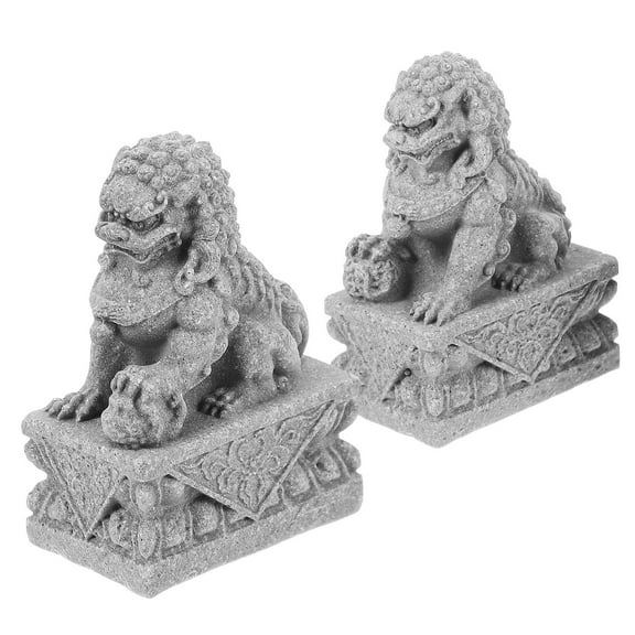 MERRYHAPY Stone Lion Figurine Grey Resin 1 Pair 2.4In