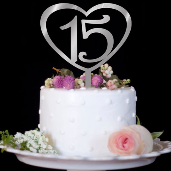 MLINS Happy Birthday Cake Topper Silver Acrylic 15th Design for Cake Decoration Perfect for Parties 6.5x5 inches