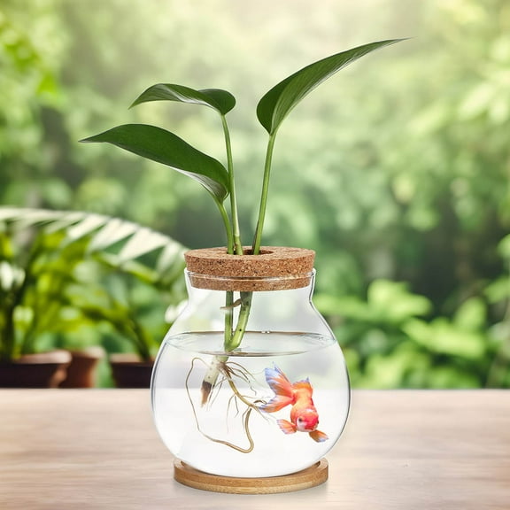 MLINS Hydroponic Transparent Glass Fish Tank With Lid Small Fish Bowl Desktop Mini Aquarium For Betta Fish Glass Terrarium Bowl For Office Decor