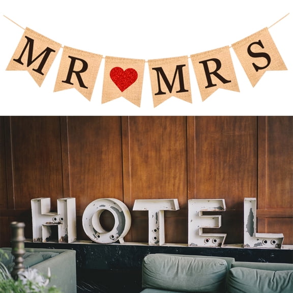 MLINS MR MRS Letters Bunting Banner Heart Pattern Retro Linen Burlap Banner Swallowtail Pull Flag Party Decoration for Wedding (Type A)