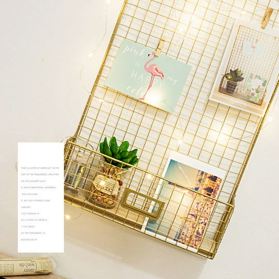 MLINS Nordic Style Pictures Wall Hanging Iron Rack Hanging Mesh Decoration Living Room Decor with Postcard Clip(Golden)