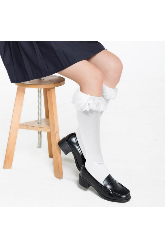 OUNONA 2 Pairs Frilly Socks for Women Long Lace Socks with Bows Ruffle Socks for Girls High Socks with Bow Cute White Stockings for Women