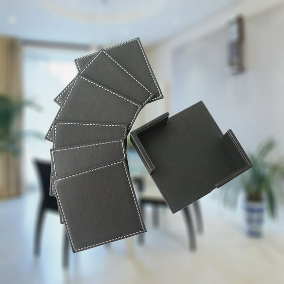 MLINS PU Leather Square Coaster Set of 6 with Holder for Protecting Table Black 3.5 x 3.5 Inches