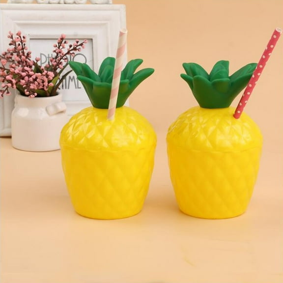 MLINS Pineapple Drink Cups Tropical Party PE Cups Supplies for Luau Party Beach Theme Party (with Straw)
