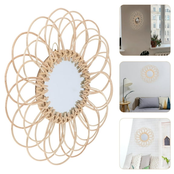 MLINS  Rattan Decorative Mirror Round Woven Bohemian Wall Decorations Office Khaki