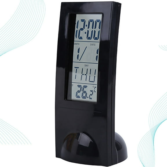 PTOOTP Digital Clock Thermometer with Calendar and Alarm, Black, Desktop Home Use, Easy-to-Read Display, 1 Piece
