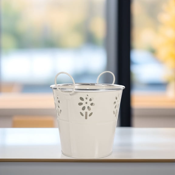 YUYUETIME Durable Beige Metal Pail with Elegant Hollow Floral Design for Home Organization and Planters