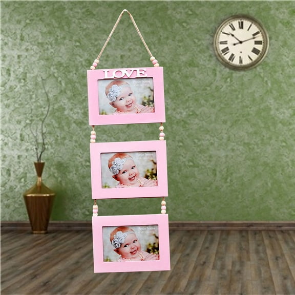 MLINS Triple Wall Photo Frame in Pink Wood with High Quality and Exquisite Workmanship for Creative Display 1pc 3Frame Set