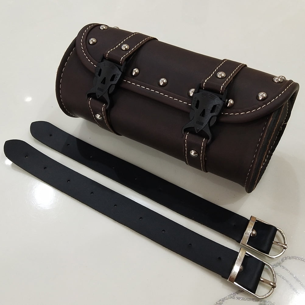 MLINS Universal Motorcycle Saddlebag PU Leather Waterproof Tool Bag Mounting Strap Round Storage Bag (Dark Brown)