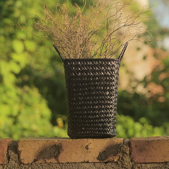 MLINS Wicker Rattan Basket Straw Storage Box Weaving Organizer Rattan Plant Box Delicate Braided Basket for Kindergarten Hotel Bar Home (Black Size S)