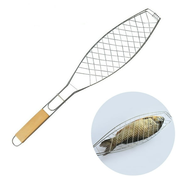 MLINS Wooden Handle Outdoor Picnic Barbecue Tools Single Fish Grill Basket