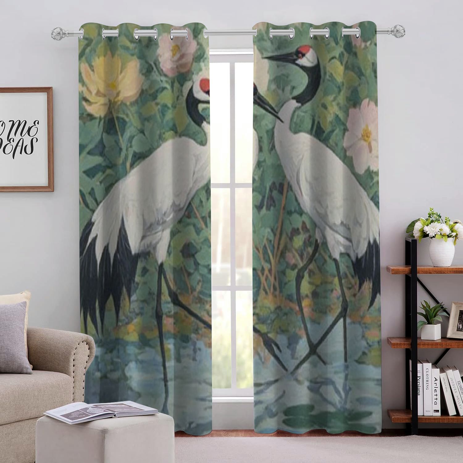 MLJA Cranes Flowers Pond Perforated Blackout Curtains 2Pack Silver