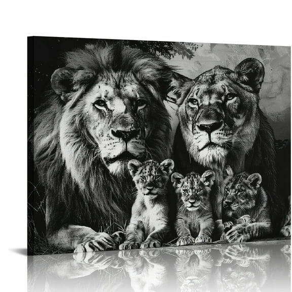 MLJA Lion Family Canvas Wall Art Black and White Animal Pictures Lion and Wall Poster Wild Animal Artwork Painting Abstract Lion Wall Art Black and Print