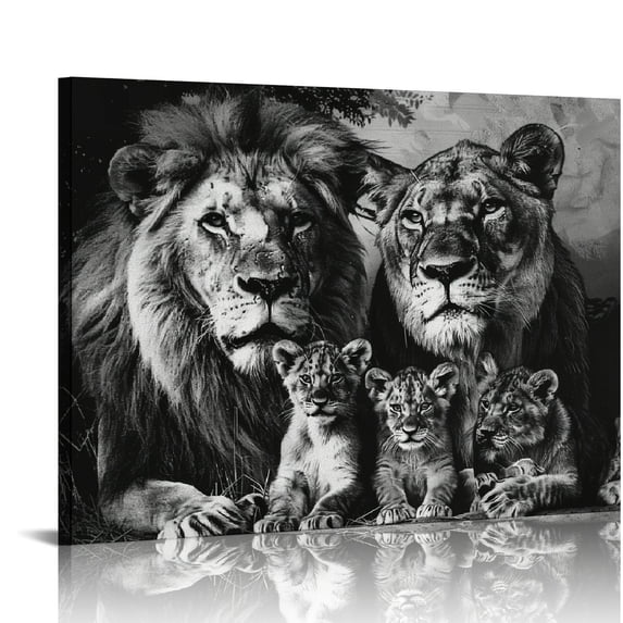 MLJA Lion Family Canvas Wall Art Black and White Animal Pictures Lion and Wall Poster Wild Animal Artwork Painting Abstract Lion Wall Art Black and Print