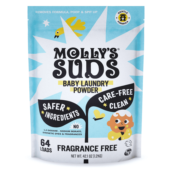 Molly's Suds Baby Laundry Detergent Powder, Removes Formula, Poop & Spit-Up Stains, Extra Gentle for Newborns, (Fragrance Free), 64 Loads