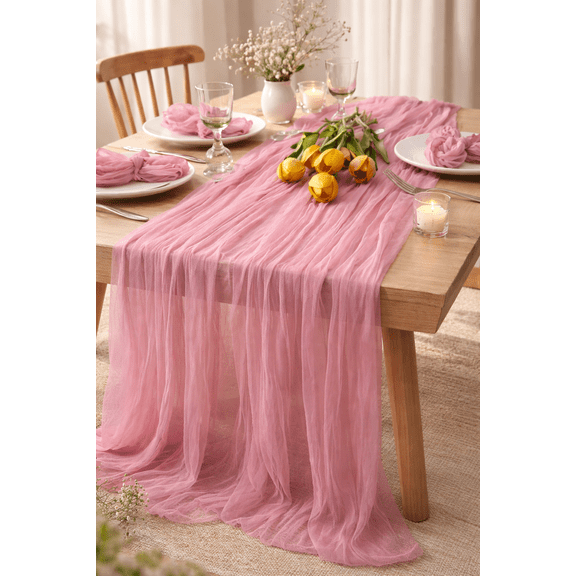 MLMC Mauve Pink 10ft Sheer Rustic Gauze Table Runner 35x120 Inches for Wedding Party Bridal Shower Birthday Decor