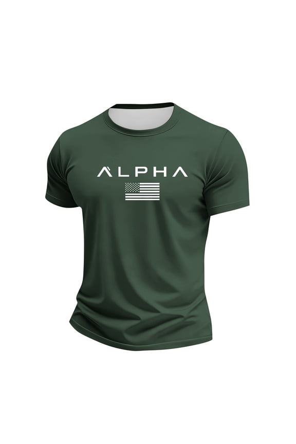 ALPHA Men's Printed Round Neck Short Sleeve Casual Sport Tshirt Lightweight Breathable Fitness Gym Tee for Men Dark Green XL