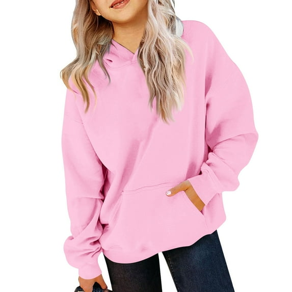 MLQIDK Back to School Clothes for Teen Girls Kids 10-12 Years Long Sleeve Plain Hoodie Solid Color Cute Preppy Pullover Basic Hoodie 150(11-12 Years)