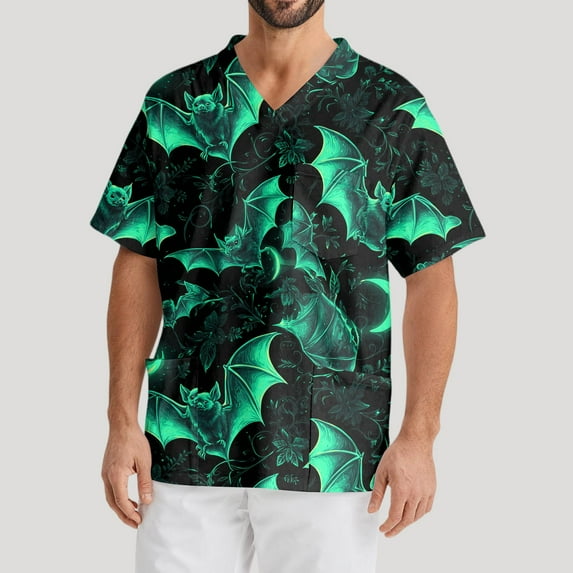 MLQIDK Big and Tall Scrubs for Men Stretch Funny Nurse Uniform Shirts Short Sleeve V-Neck Scrub Shirts Fun Pumpkin Ghost Bat Printed Nurse Uniforms Green 2XL