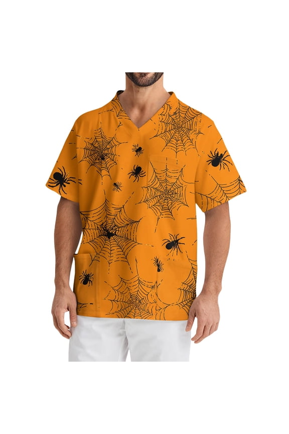 Big and Tall Scrubs for Men Stretch Funny Nurse Uniform Shirts Short Sleeve V Neck Scrub Shirts Fun Pumpkin Ghost Bat Printed Nurse Uniforms Saffron XL