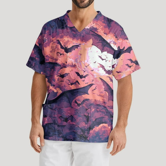 MLQIDK Big and Tall Scrubs for Men Stretch Funny Nurse Uniform Shirts V-Neck Short Sleeve Scrub Shirts Fun Pumpkin Ghost Bat Printed Nurse Uniforms Purple 3XL